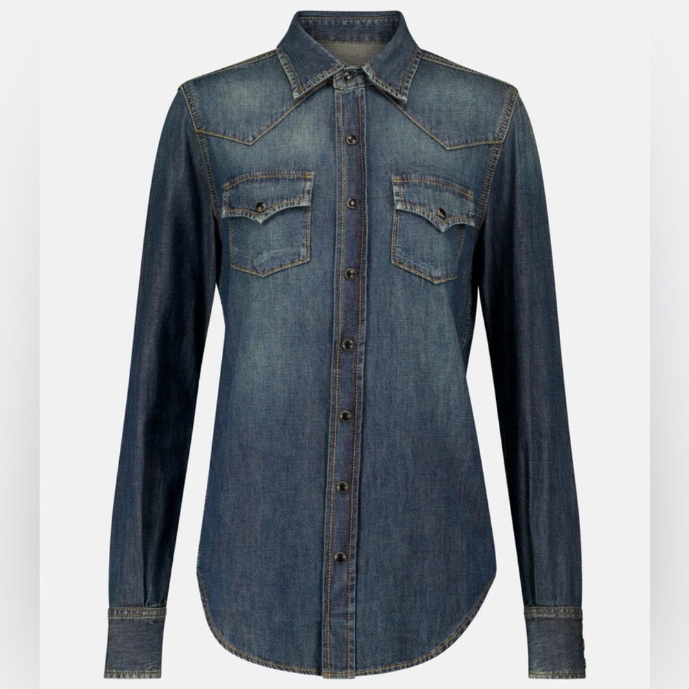 SOLD-Saint Laurent  YSL Denim shirt/ made in Italy $1100 XS